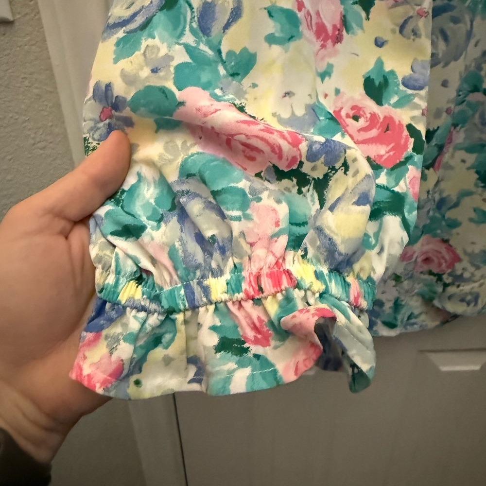 Andree‎ by Unit Floral Puff Sleeve Blouse Pink Teal Blue Watercolor Rose Top L - Picture 4 of 5